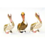 Three Royal Crown Derby Paperweights including: Brown Pelican (silver stopper) and two White