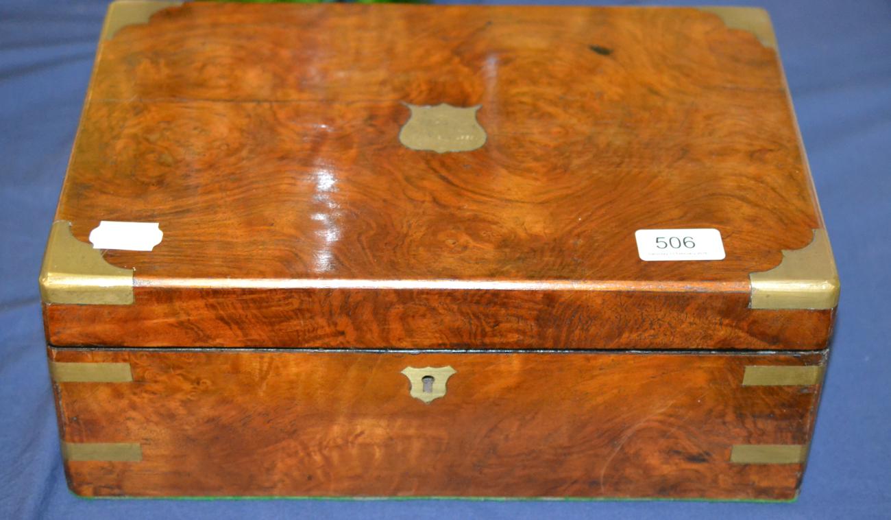 A Victorian walnut writing box with brass presentation plaque, dated 1866