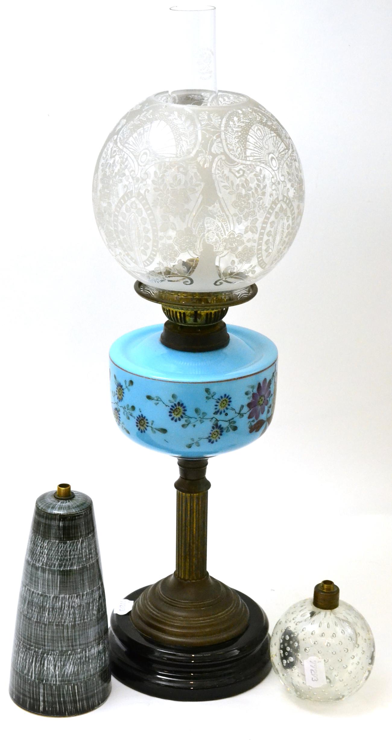 Whitefriars glass lamp base, Rye pottery lamp base and a Victorian oil lamp