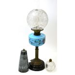 Whitefriars glass lamp base, Rye pottery lamp base and a Victorian oil lamp
