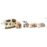 Five Royal Crown Derby paperweights including: Plumstead Piglet (gold stopper), Pig (gold