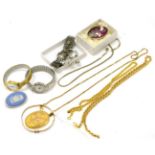 A 9ct gold locket and chain together with a 9ct gold Christening bangle and costume jewelleryGold