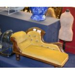 A doll's velvet upholstered chaise longue, a small glass dome on stand and a miniature mannequin (