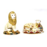 Two Royal Crown Derby paperweights including: Heraldic Lion and Lion Cub (both with gold stoppers)