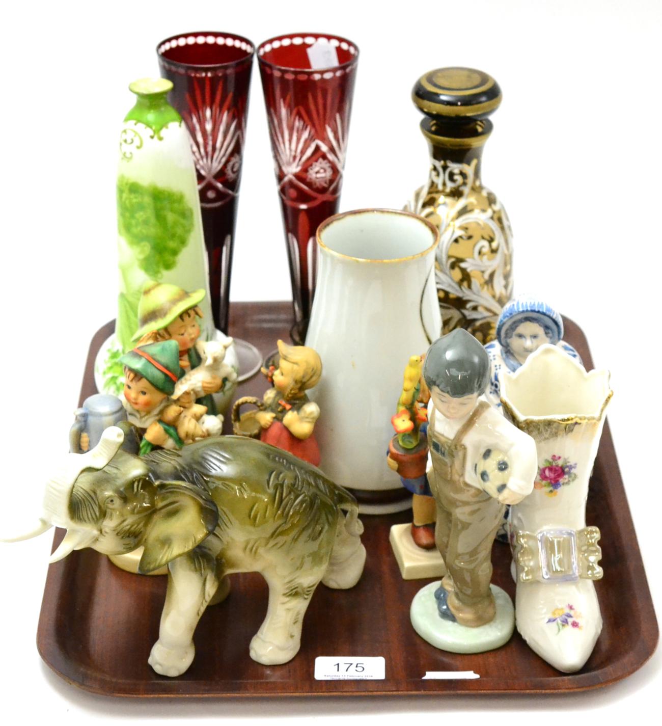 Group of Continental ceramics and glass including a glass liqueur set with white enamel