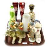 Group of Continental ceramics and glass including a glass liqueur set with white enamel