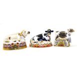 Three Royal Crown Derby paperweights including: Bluebell, Buttercup and Harrod's Water Buffalo (