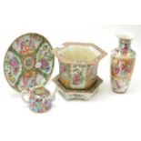 Canton jardiniere and stand, baluster vase, small teapot and cover, and similar plate