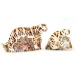 Two Royal Crown Derby paperweights including: Bengal Tiger and Bengal Tiger Cub (both with silver