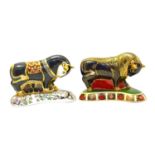 Two Royal Crown Derby paperweights including: Bull (silver stopper) and Grecian Bull (gold stopper)