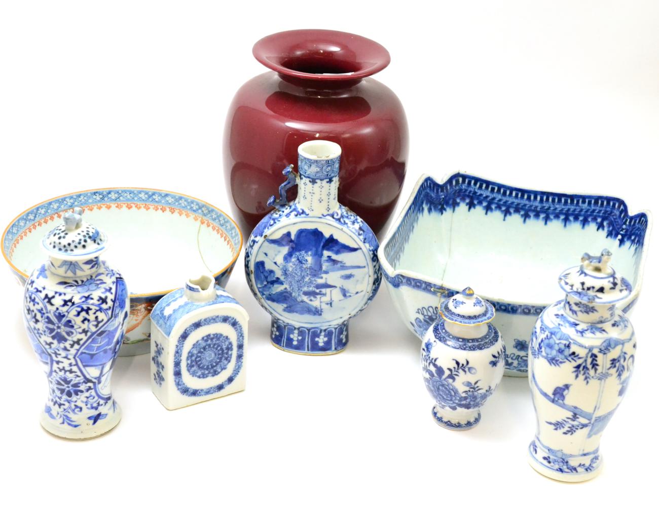 A collection of 18th/19th century Oriental ceramics including a blue and white bowl, a pair of