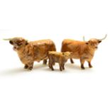Beswick Highland Bull, model No. 2008 (a.f), Highland Cow, model No. 1740 and Highland Calf, model