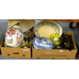 Two boxes including decorative ceramics and glassware,