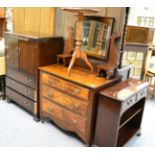 A mirror back sideboard, a tripod table, a dressing table, an oak cupboard and a small bookcase (5)