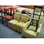 A child's correction chair, an upholstered armchair chair, a pair of nursing chairs and mahogany