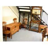 Camphor wood chest, three nests of carved Eastern occasional tables, four Windsor style kitchen