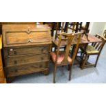 Oak drop leaf table, pair of country style dining chairs, four others, oak bureau and two occasional