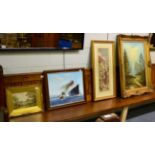 A group of four decorative pictures including an Edwardian landscape watercolour, 1970's acrylic