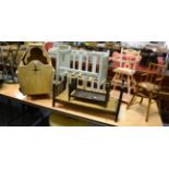 Doll's painted drop-side cot, two oak bedsteads, pink high chair, dolls chair, a painted table and a