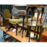 Late Victorian tripod wine table, a walnut cheval mirror, a tripod pole screen (base only), a walnut