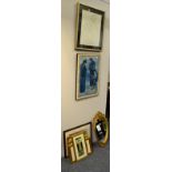 Oval gilt framed wall mirror and assorted pictures and prints