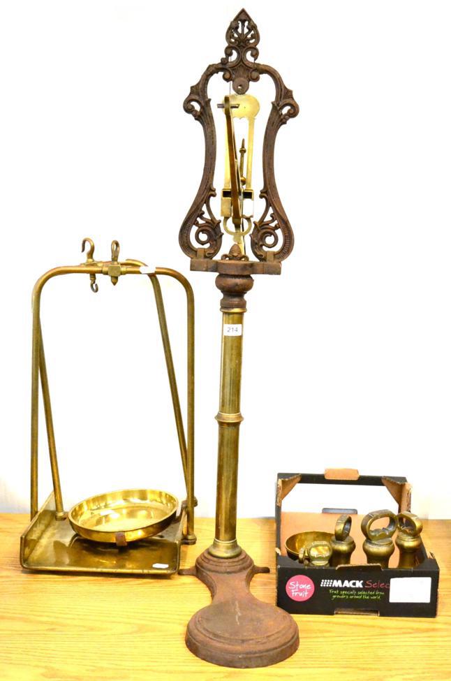 Victorian Tobacco Scales with cast iron base, brass flat and circular pans and a part set of bell