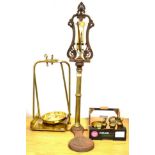 Victorian Tobacco Scales with cast iron base, brass flat and circular pans and a part set of bell