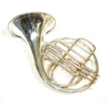 A Silver Plated French Horn by Boosey & Co, serial number 118167, in a fitted leather case