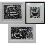 Carry Akroyd (Contemporary) ''Blackbird'' Signed in pencil and inscribed, linocut, together with two