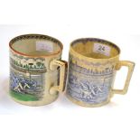 A Pair of 19th Century Transfer Printed Pottery Association Football Mugs, one with multi coloured