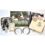 A Collection of Horse Racing Items, comprising two mounted racing plates belonging to 1954 Arc