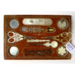 Georgian Lady's Mother of Pearl Toilet and Sewing Accessories, including a pair of scissors with