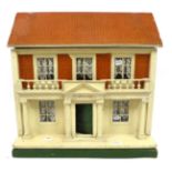 Circa 1920s Dolls House, with double pillared front door, balustrade above, red brick papered facade
