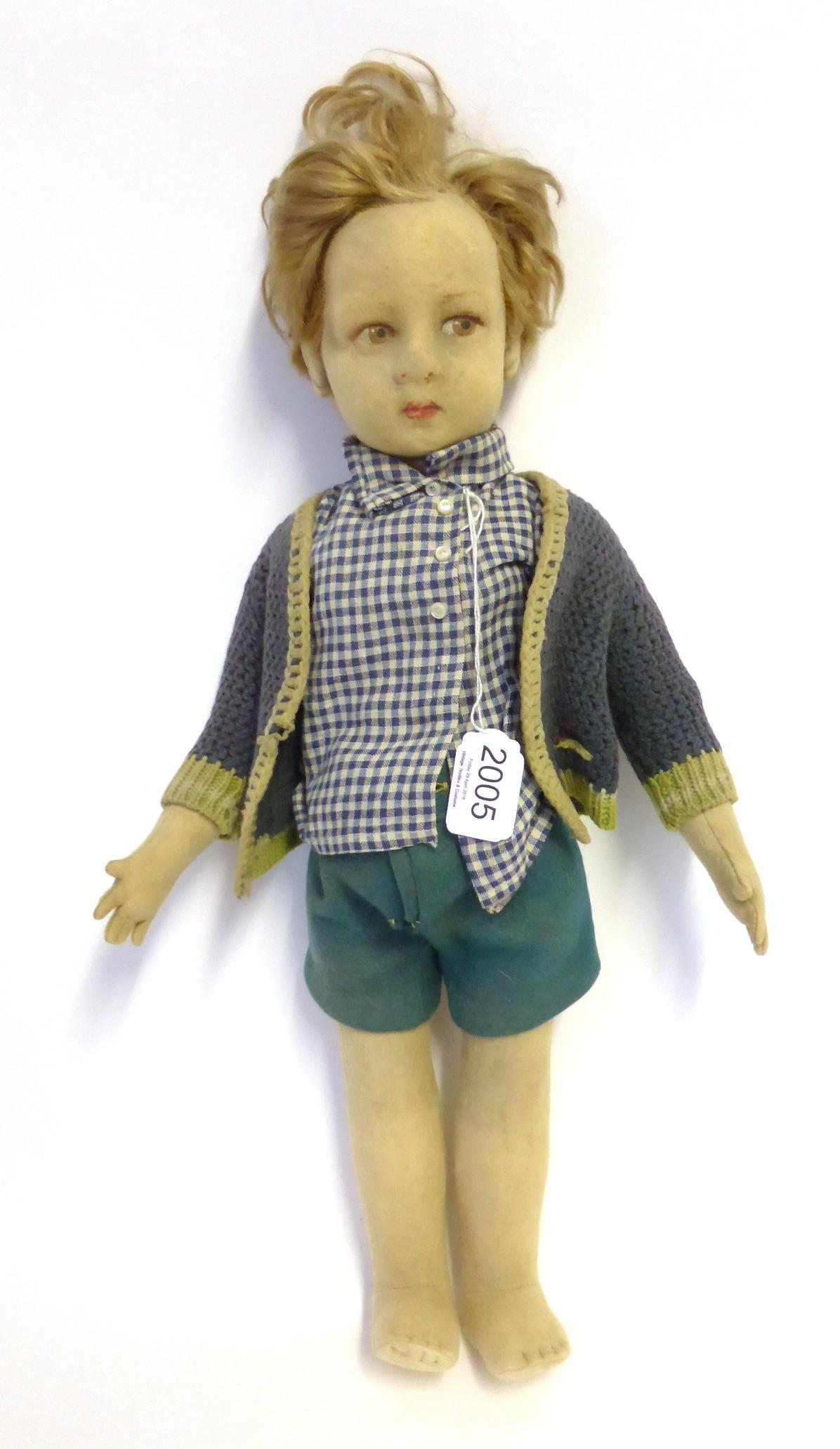 Circa 1930s Lenci Fabric Boy Doll, with jointed body, brown side glancing painted eyes, light auburn