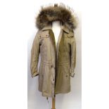 Burberry Brit Parka, in stone colour, with checked lining, quilted detachable waistcoat, attached