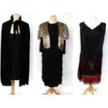 Circa 1920s and Later Clothing, including a black satin shift dress, with red flower head bead