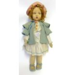 Circa 1930s Large Lenci Fabric Girl Doll, with jointed body, brown side glancing painted eyes, light