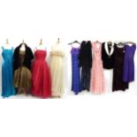 Assorted Circa 1950s and Later Evening and Cocktail Dresses, including a purple taffeta dress with