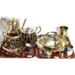 A group of assorted silver plate including tea pots, trays, toast racks together with two small