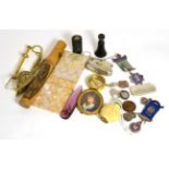 A box of miscellaneous collectables including two mother-of-pearl card cases, mauchlineware needle