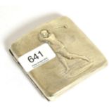 A silver cigarette case embossed with a golfer in full swing, hallmarks for Birmingham A little