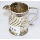 A silver jug adapted from a mug, marks cancelled and LAO case number to base