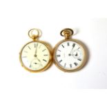 An 18ct gold cased pocket watch with associated movement and a pocket watch in plated case (2)
