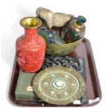 Tray of assorted Oriental metalwares including brass bowl, pair of cloisonne vases, cased scribe