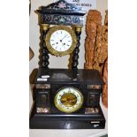 Black slate mantle clock and ebonised portico clock with turned supports (2)