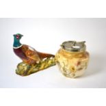 Doulton Lambeth biscuit barrel with plated mounts and a Beswick pottery pheasant