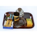 A horn beaker, an egg timer, a papier mache box, a drawing set and other collectable items