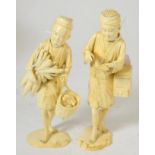 A pair of Japanese Meiji period ivory okimonos of market sellers Slight discolouration consistent