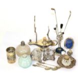 A hat pin stand, various hat pins, two plated salts and other items