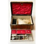 An inlaid jewellery box and miscellaneous contents